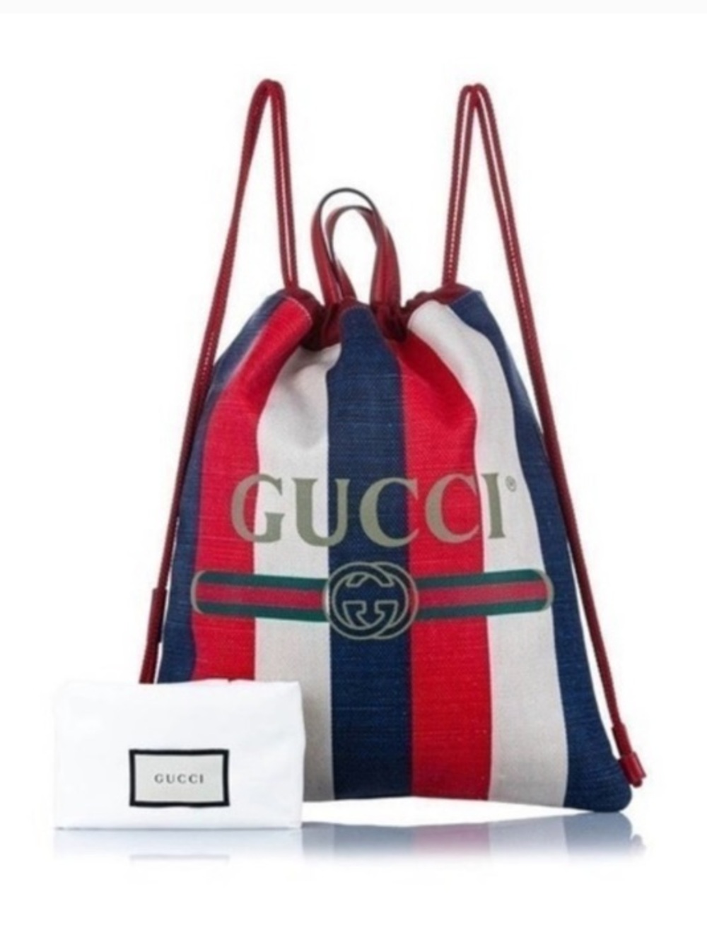 Gucci Striped Red White Blue Drawstring Backpack with Web Detail